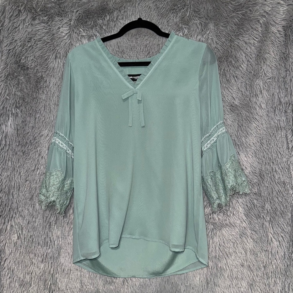 Karl Lagerfeld Paris Sheer Bell Sleeve Bow Neck Blouse‎ Top